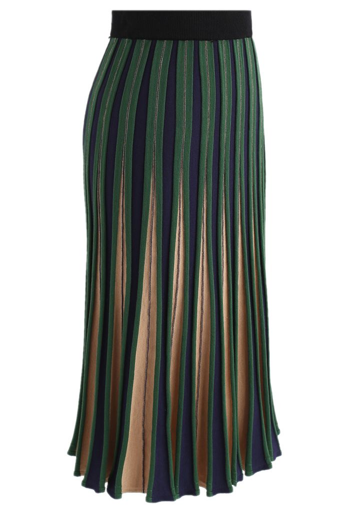 Radiating Stripes Knitted A-line Skirt in Green