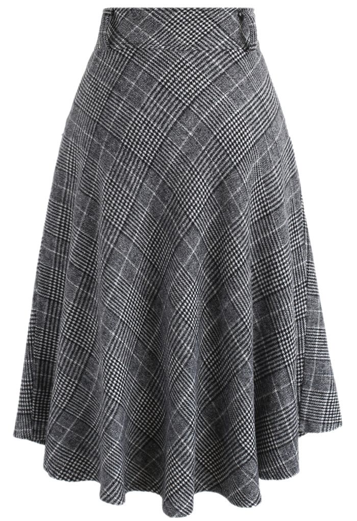Houndstooth Check Wool-blend A-line Skirt in Grey