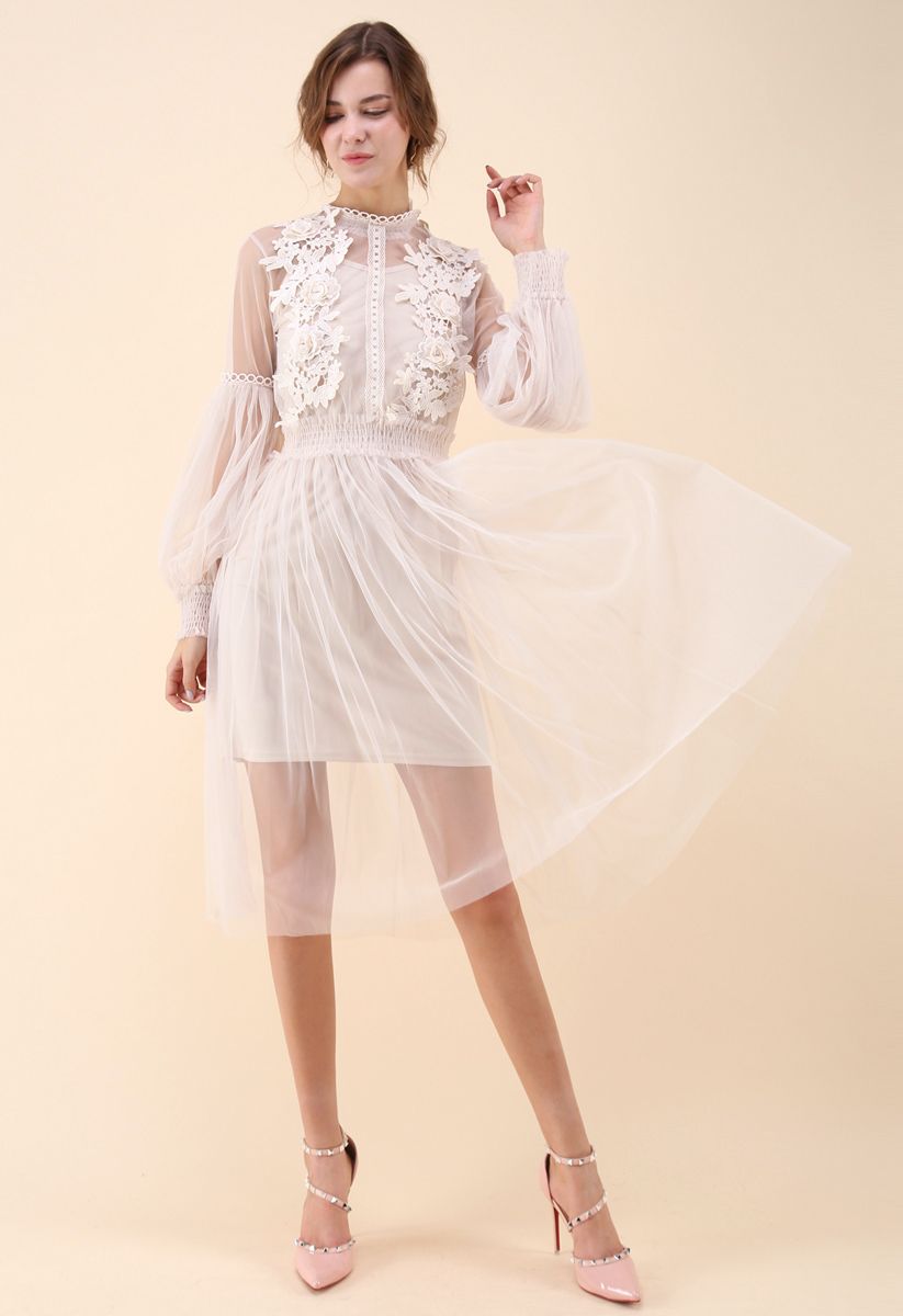 Nebulous Charm Floral Crochet Mesh Dress in Cream
