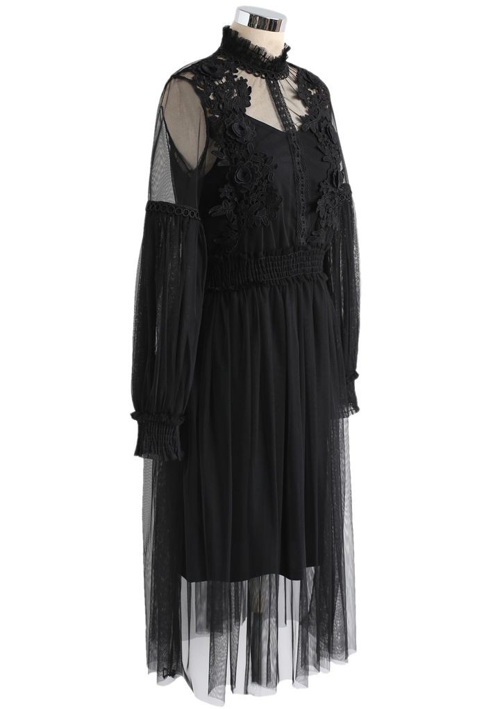 Nebulous Charm Floral Crochet Mesh Dress in Black