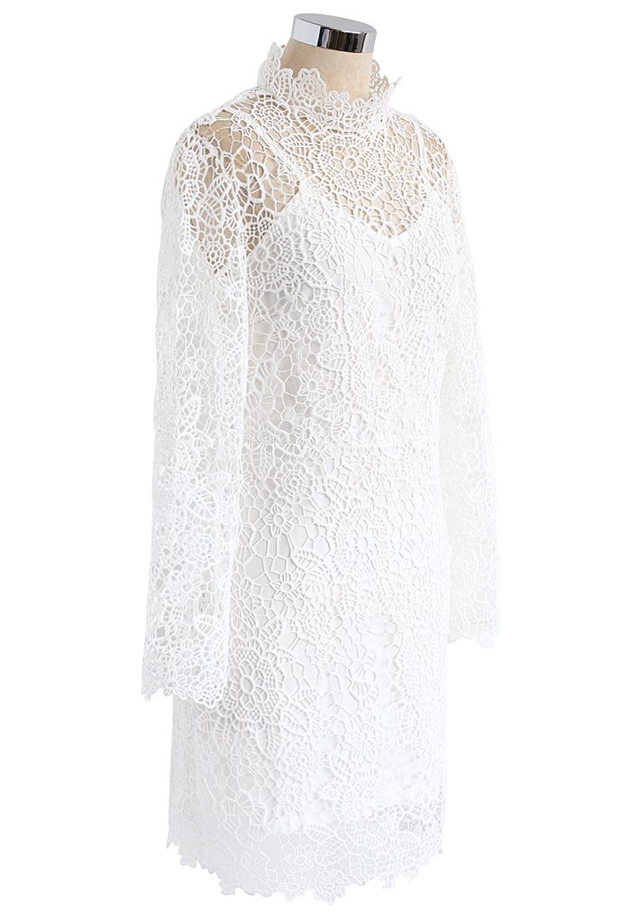Fanciful Bloom Crochet Dress in White  