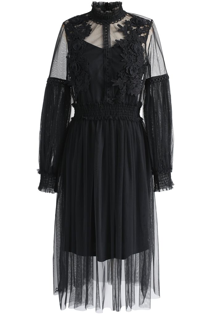 Nebulous Charm Floral Crochet Mesh Dress in Black