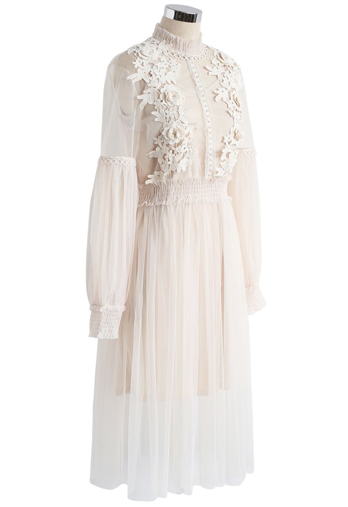 Nebulous Charm Floral Crochet Mesh Dress in Cream