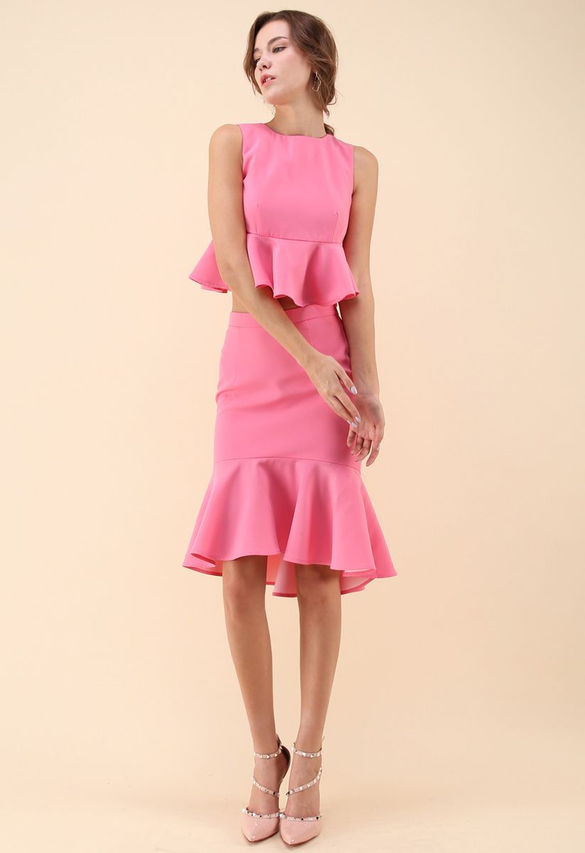 Frill Hem Sleeveless Cropped Top and Bud Skirt Set in Hot Pink