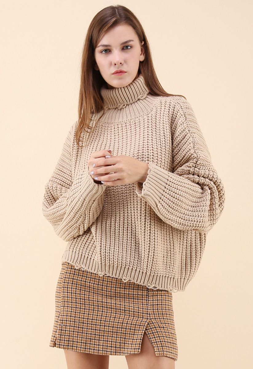 Warm Me Up Chunky Knit Turtleneck Sweater in Sand