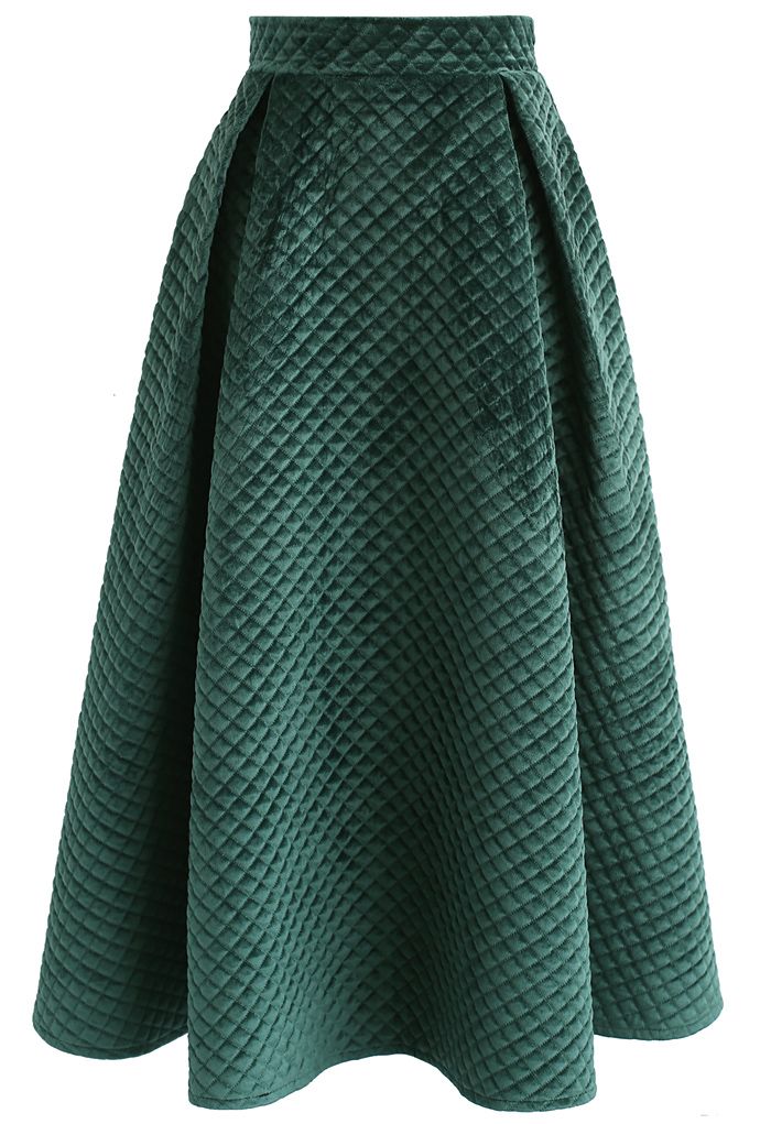 Fancy Sheen Quilted Velvet Skirt in Dark Green 