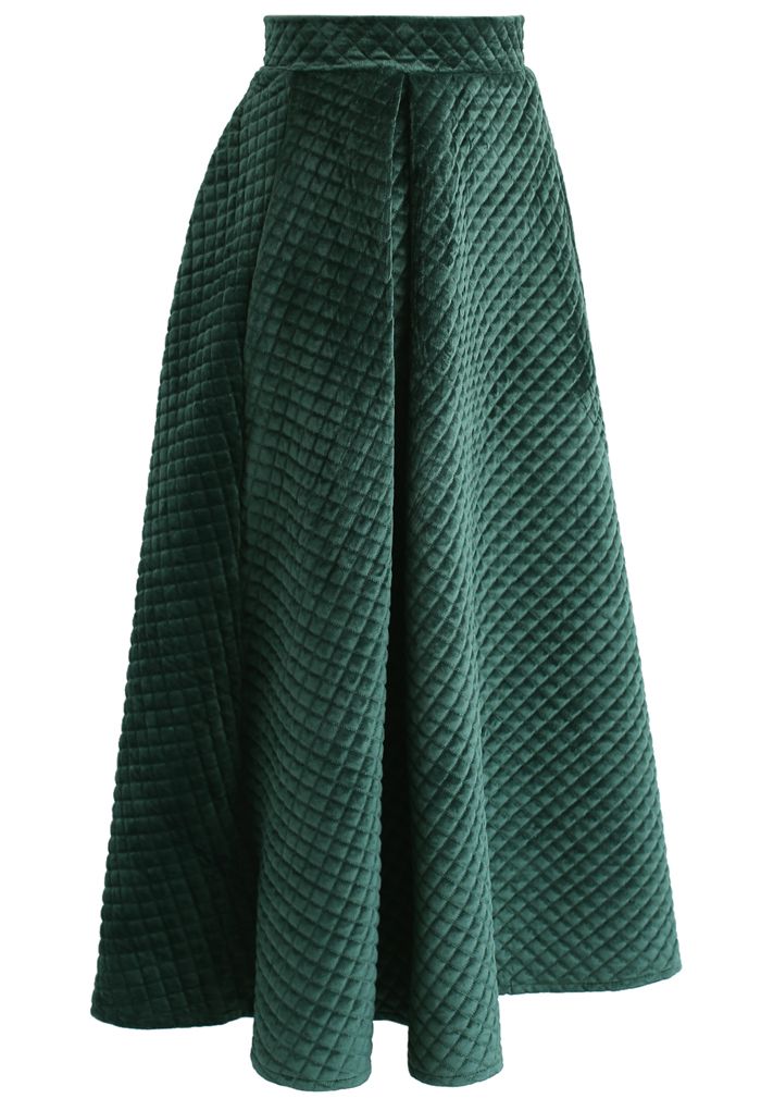 Fancy Sheen Quilted Velvet Skirt in Dark Green