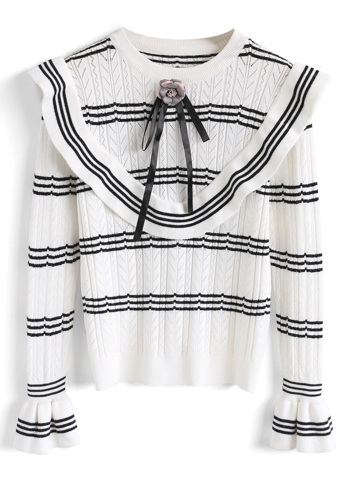 Contrast Stripe Ruffle Knit Sweater in White