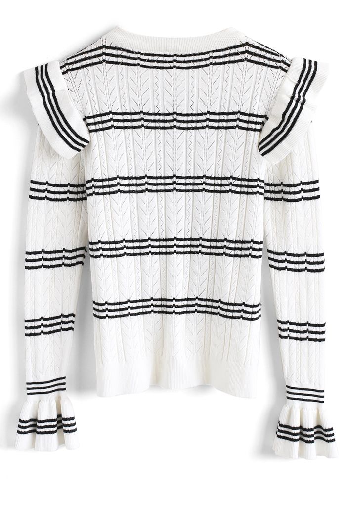 Contrast Stripe Ruffle Knit Sweater in White