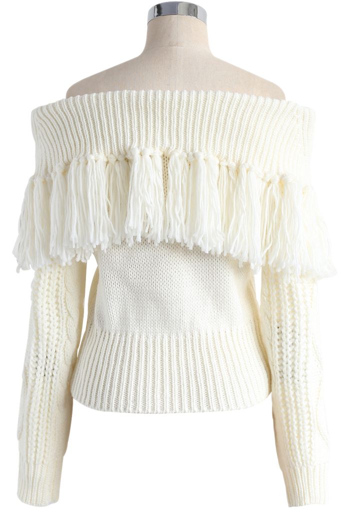 Joyful Tassels Off-Shoulder Knit Sweater in White