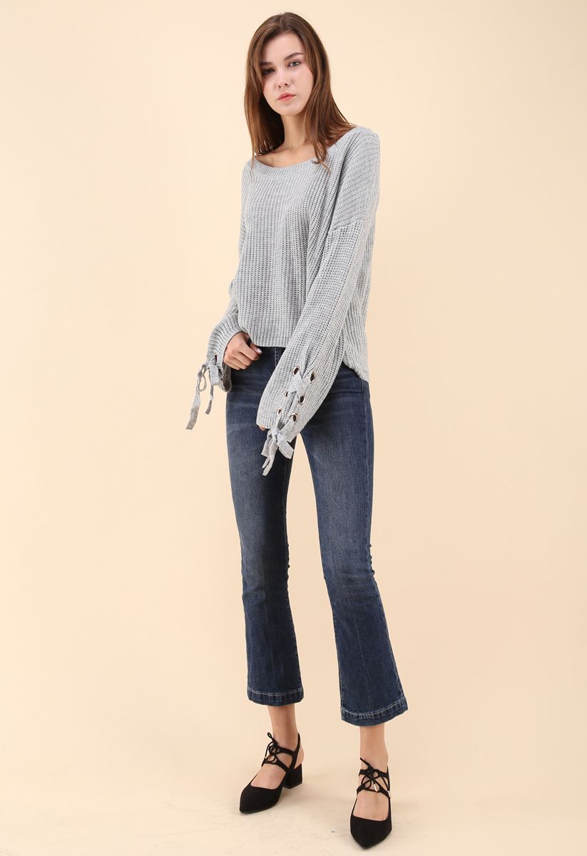 Leisure Moment Lace-Up Sleeves Ribbed Knit Sweater in Grey