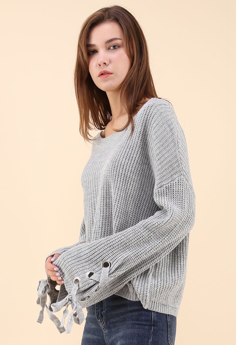 Leisure Moment Lace-Up Sleeves Ribbed Knit Sweater in Grey