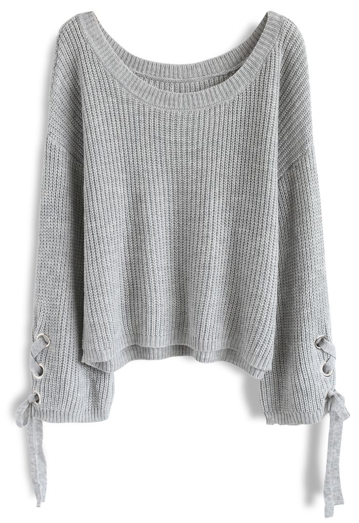 Leisure Moment Lace-Up Sleeves Ribbed Knit Sweater in Grey - Retro ...