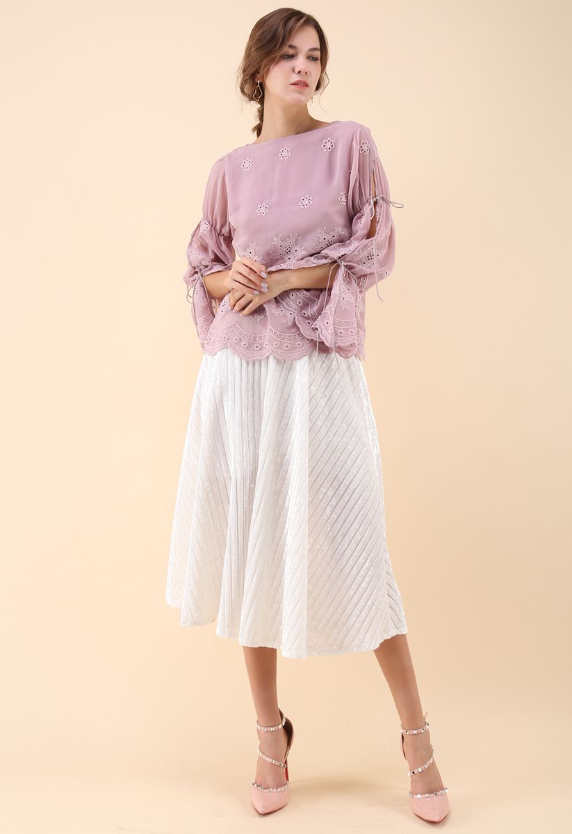 Alluring Gloss Striped Velvet Skirt in Pearl White