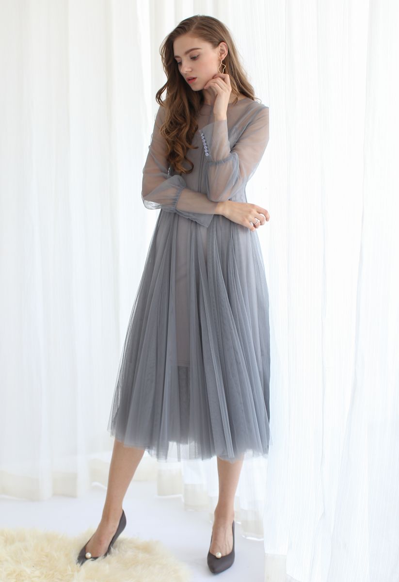 Lightsome Steps Layered Mesh Tulle Dress in Dusty Blue