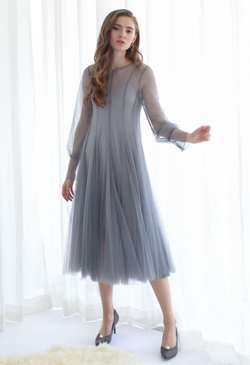 Lightsome Steps Layered Mesh Tulle Dress in Dusty Blue
