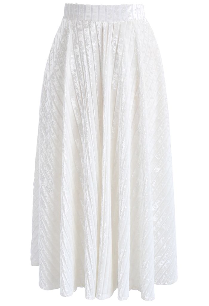 Alluring Gloss Striped Velvet Skirt in Pearl White
