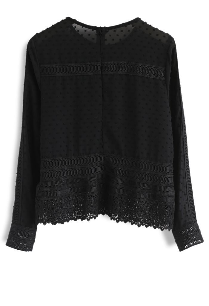 Romantic Dots and Crochet Chiffon Top in Black