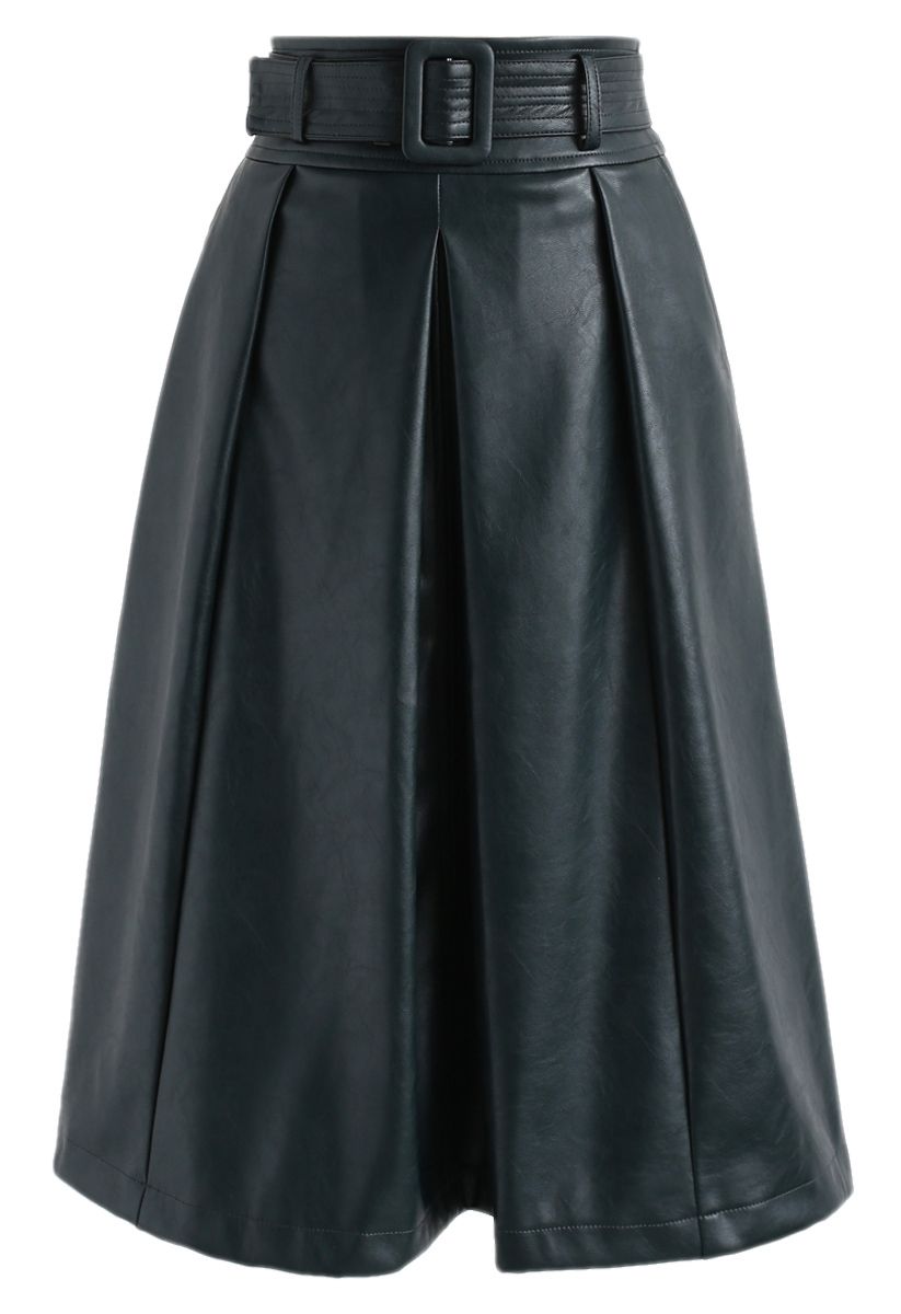 Go Get Style Belted Faux Leather A-Line Skirt in Dark Green - Retro ...