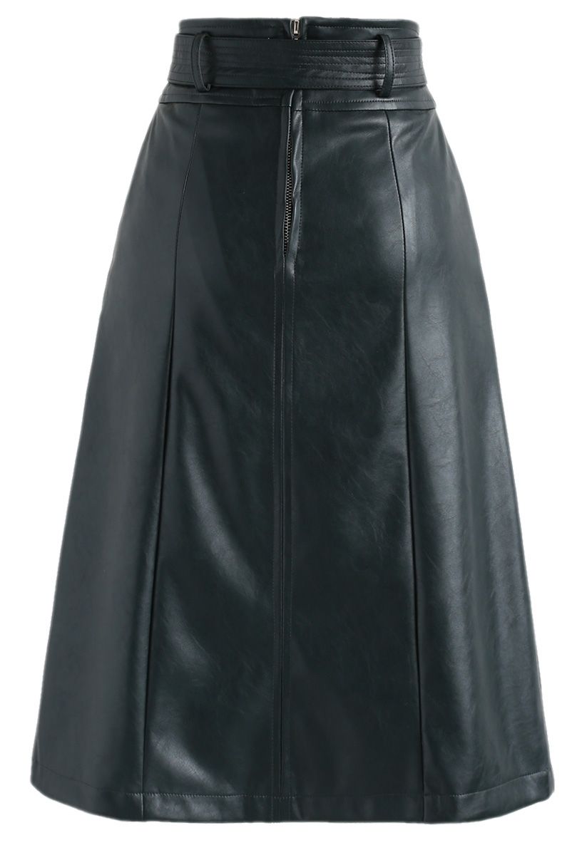 Go Get Style Belted Faux Leather A-Line Skirt in Dark Green - Retro ...