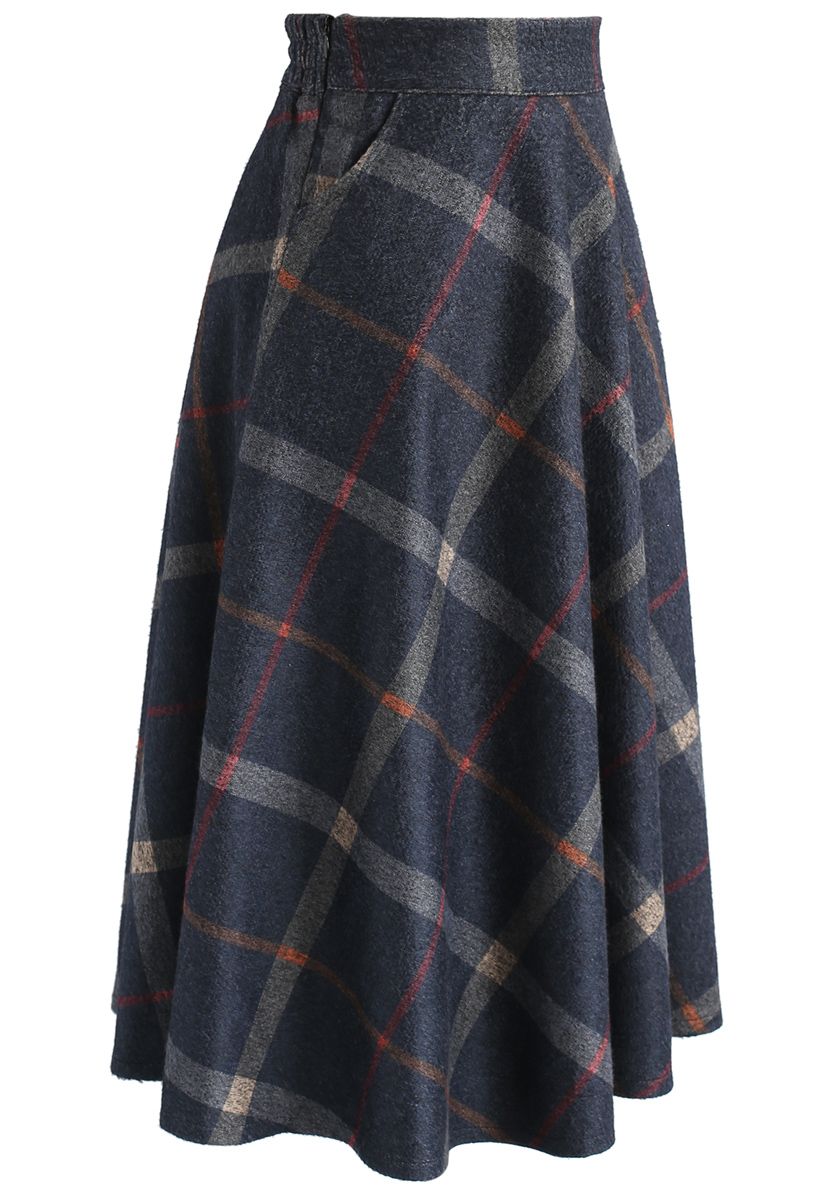 Step Nobly Wool-Blend A-Line Skirt in Navy Check - Retro, Indie and ...
