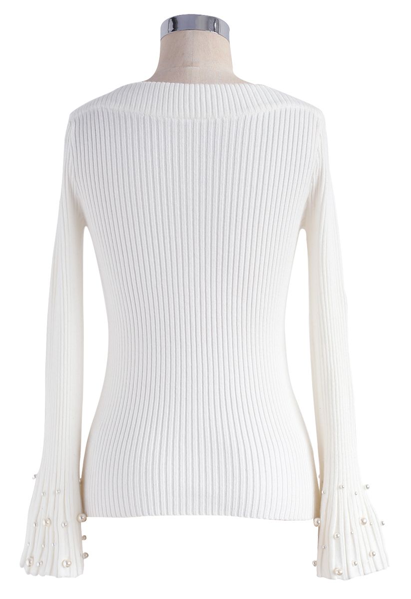 Oh My Pearls Ribbed Bell Sleeves Sweater in White
