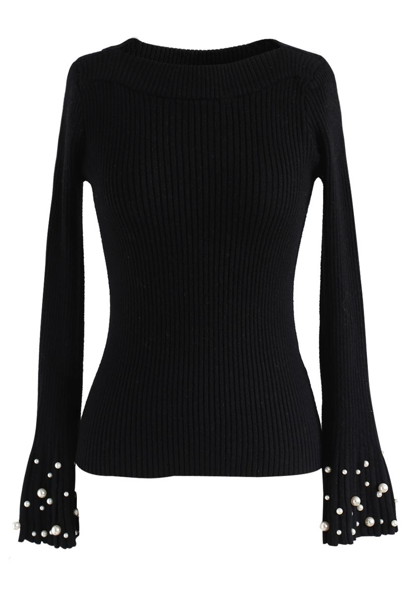 Oh My Pearls Ribbed Bell Sleeves Sweater in Black