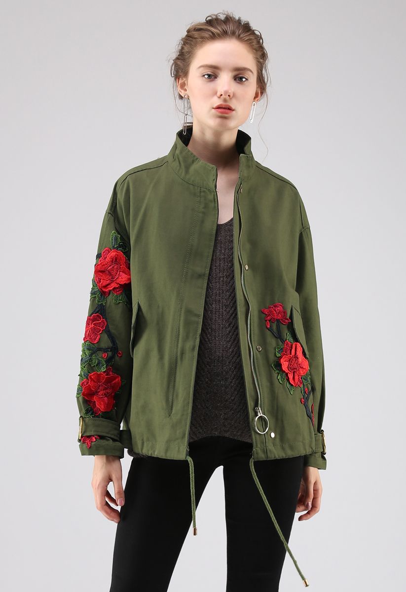 Blossom Branches on Parka Jacket in Army Green