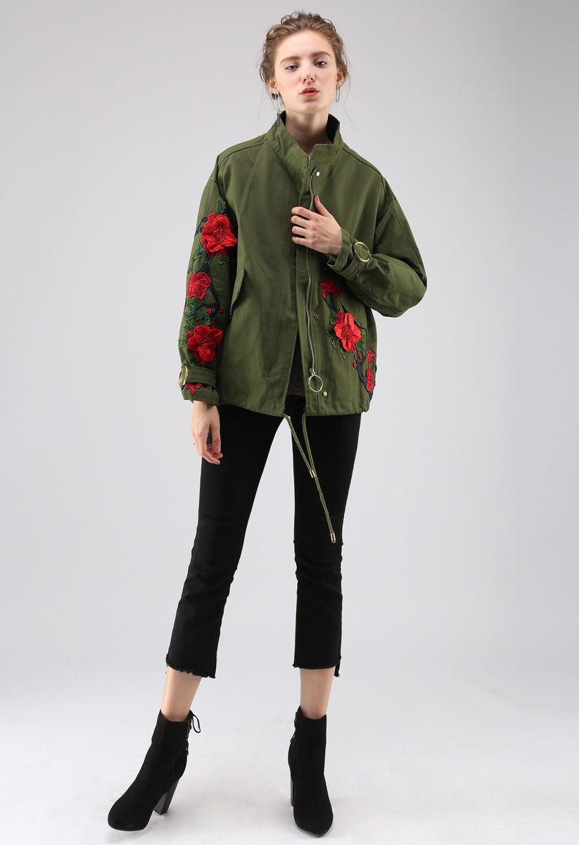 Blossom Branches on Parka Jacket in Army Green