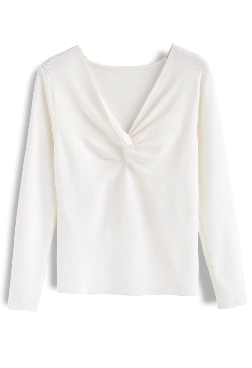 Sprightly Twist V-Neck Sweater in White