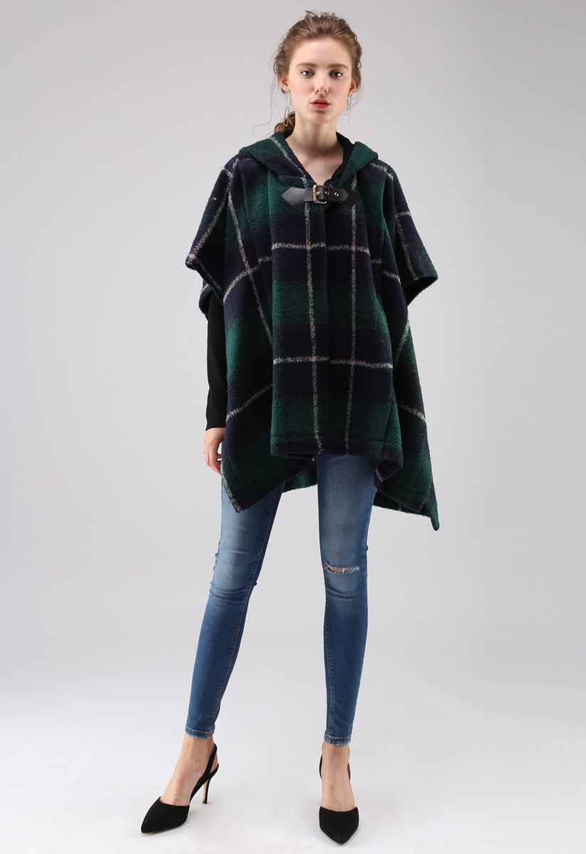 Cozy Tribe Check Hooded Wool-Blend Cape in Green