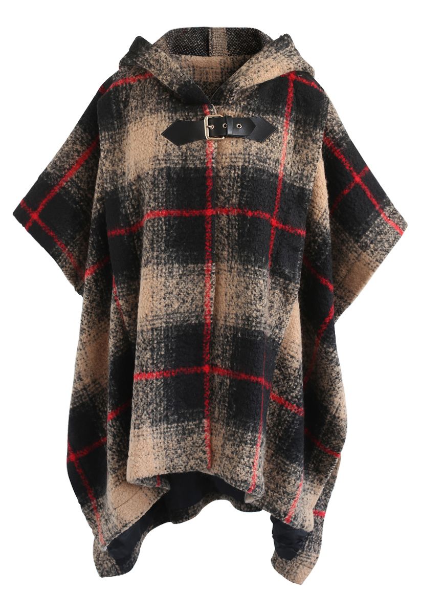 Cozy Tribe Check Hooded Wool-Blend Cape in Tan - Retro, Indie and ...