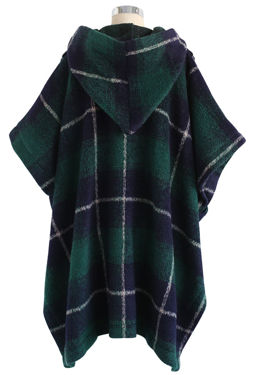 Cozy Tribe Check Hooded Wool-Blend Cape in Green - Retro, Indie and ...