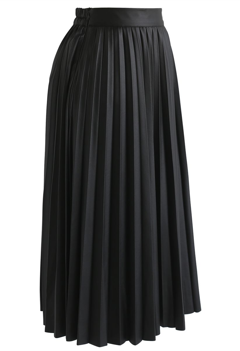Faddish Gloss Pleated Faux Leather A-Line Skirt in Black - Retro, Indie ...