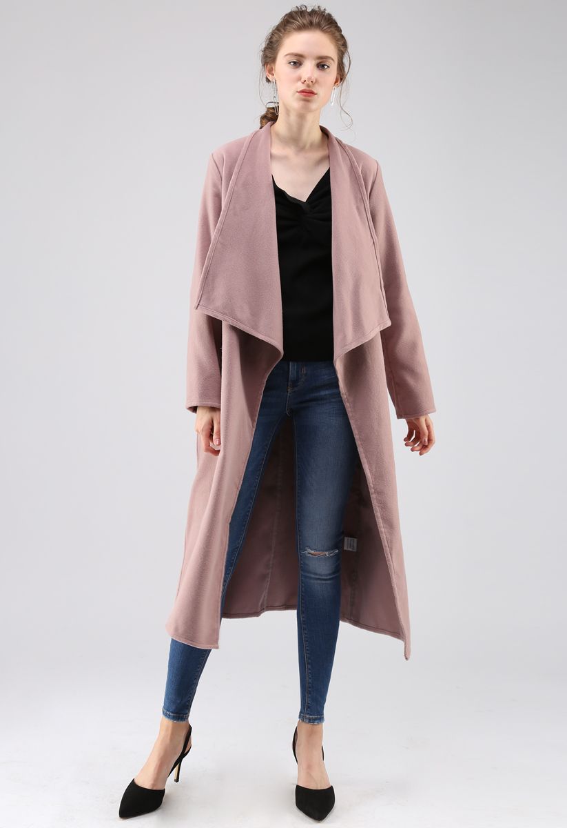 Simple Allure Open Front Wool-Blend Longline Coat in Nude Pink