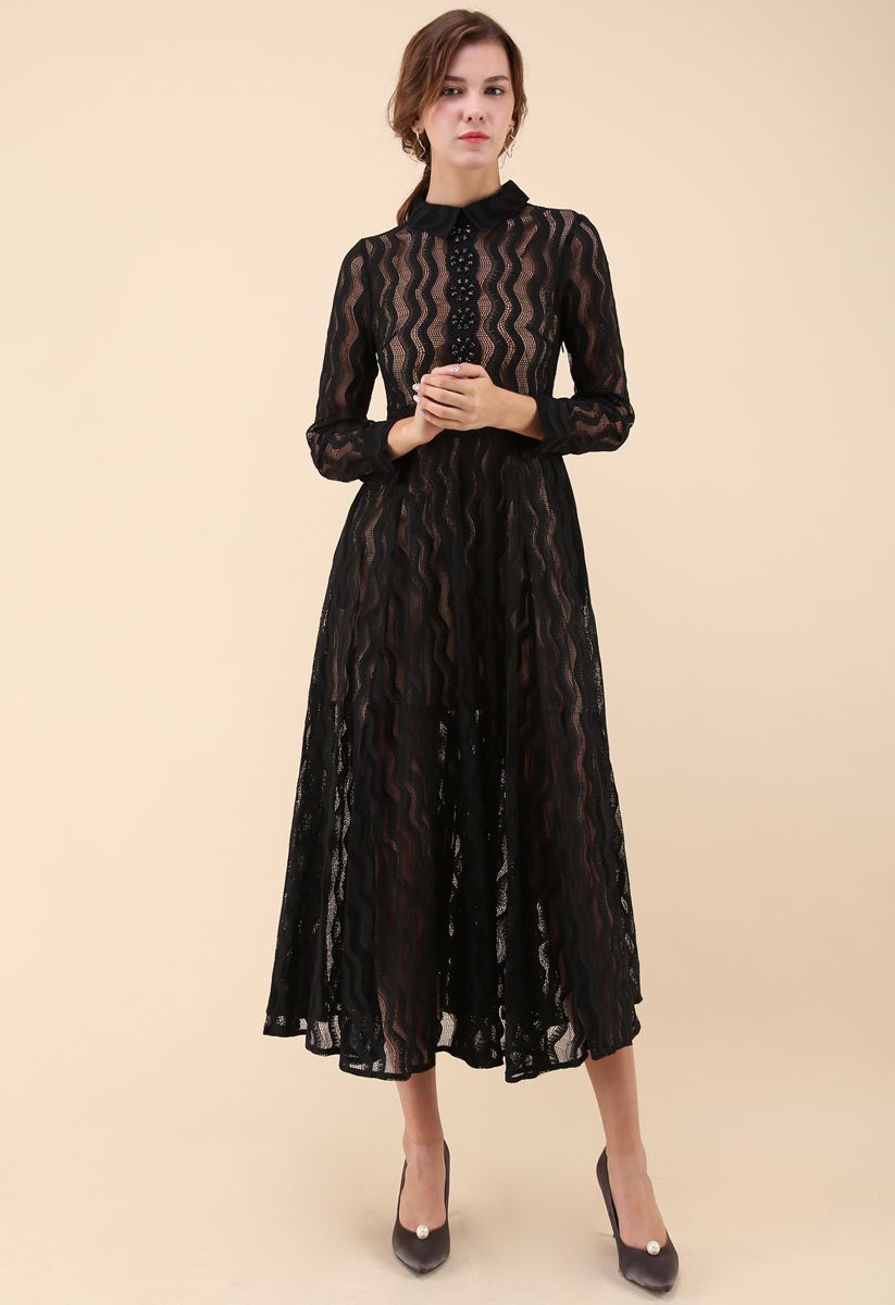 Tempting Wave Lace Mesh Dress in Black