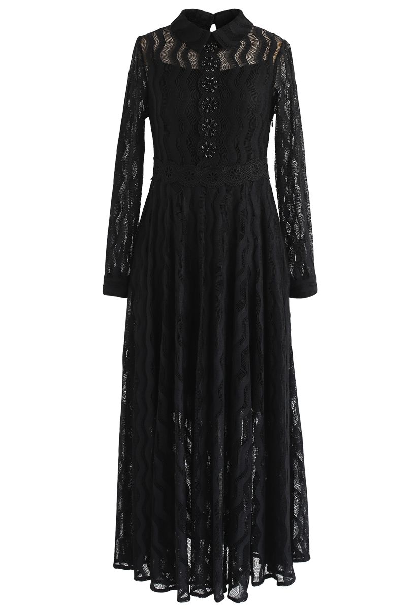 Tempting Wave Lace Mesh Dress in Black