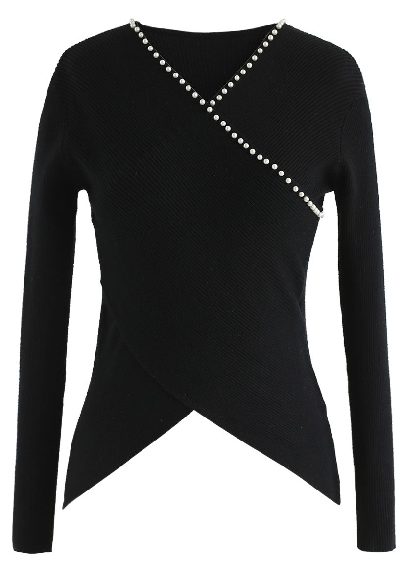 Pearls Lover Wrapped Knit Top in Black