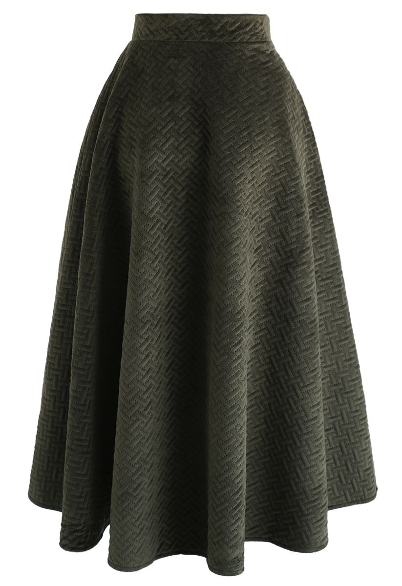 Braided Charm Quilted Velvet Skirt in Army Green - Retro, Indie and ...