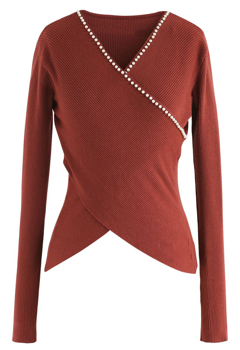 Pearls Lover Wrapped Knit Top in Berry