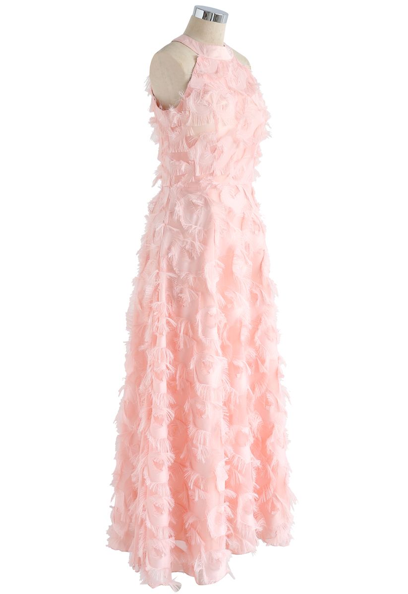 Dancing Feathers Tassel Halter Neck Maxi Dress in Pink 