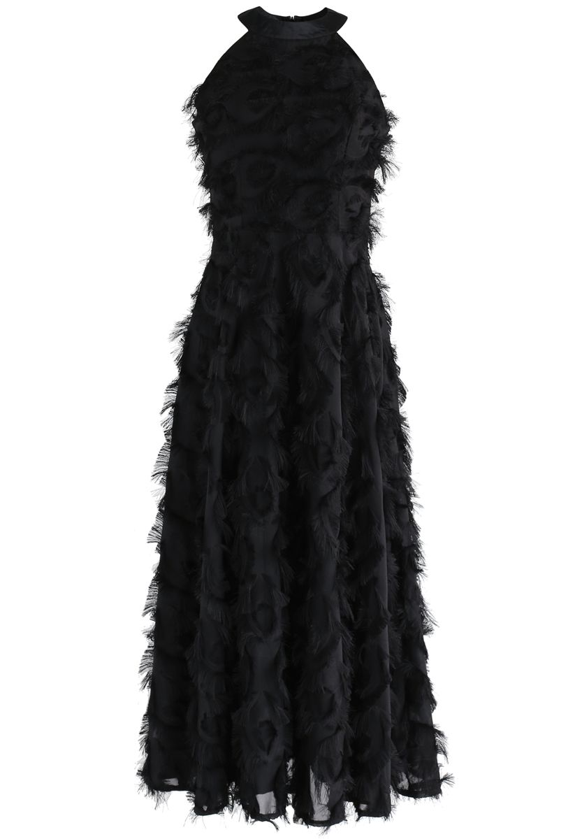 Dancing Feathers Tassel Halter Neck Maxi Dress in Black