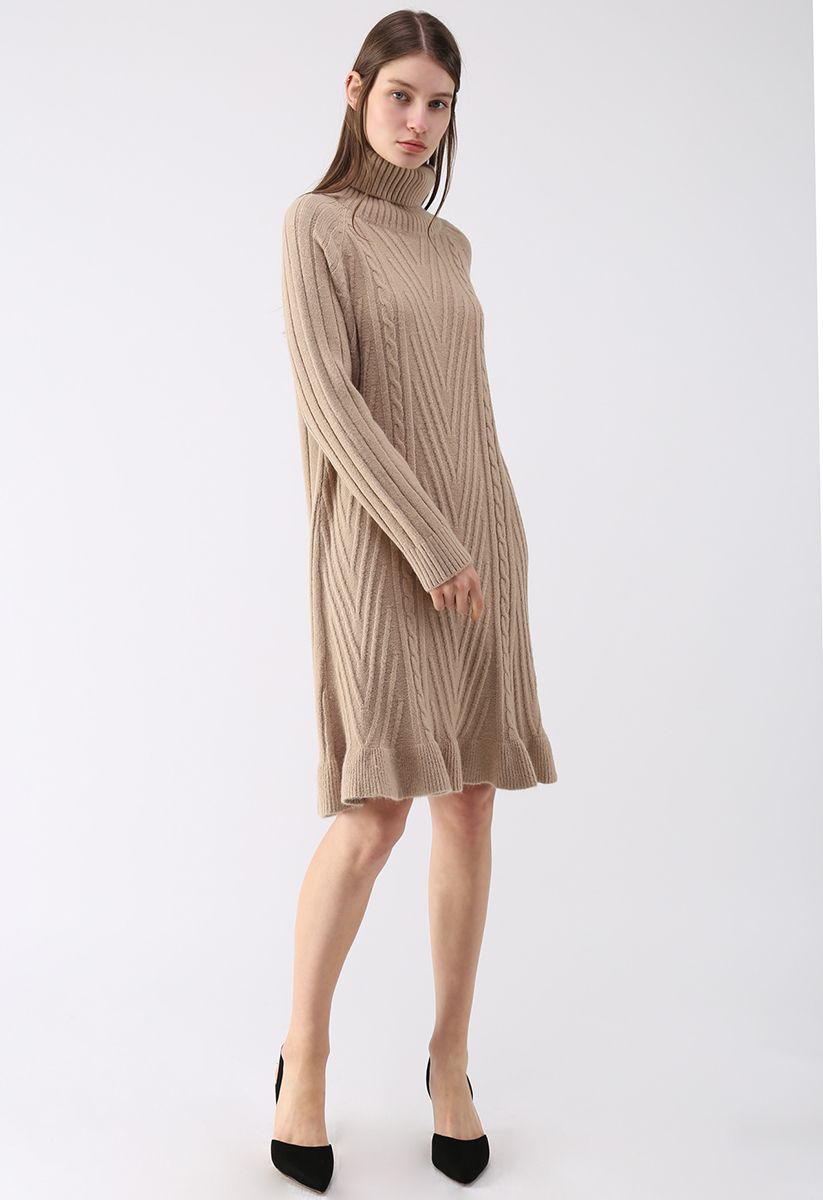 Cable Knit Charmer Cowl Neck Sweater Dress in Tan - Retro, Indie and ...