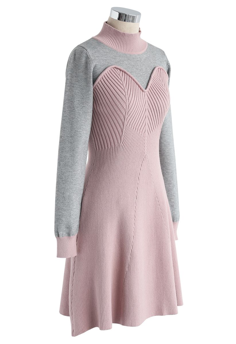 Sweet Heart Contrast Knitted Flare Dress in Pink