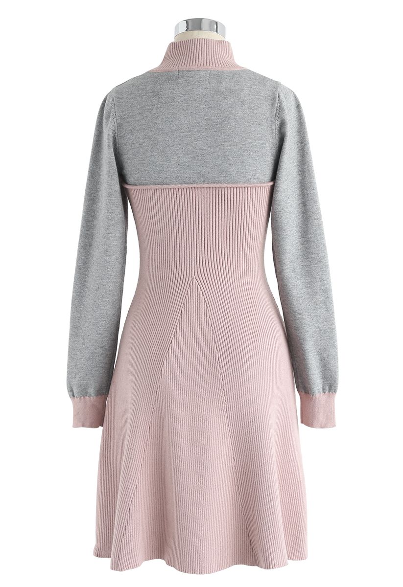 Sweet Heart Contrast Knitted Flare Dress in Pink