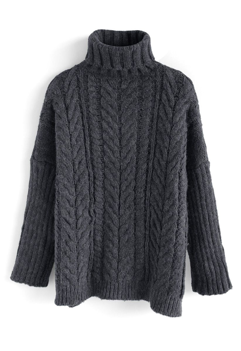 Winter Warmth Cable Knit Turtleneck Sweater in Dark Grey
