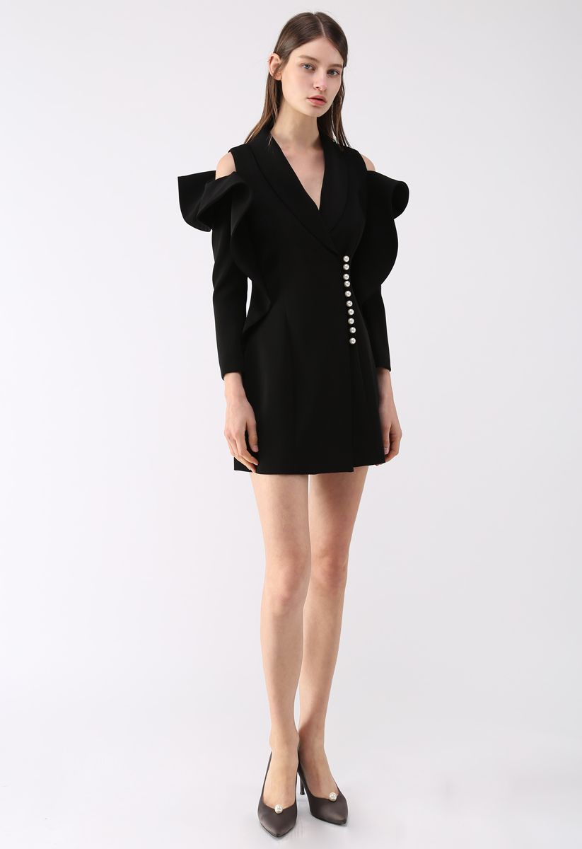 Shining Pearls V-Neck Cold-Shoulder Coat Dress in Black - Retro, Indie ...