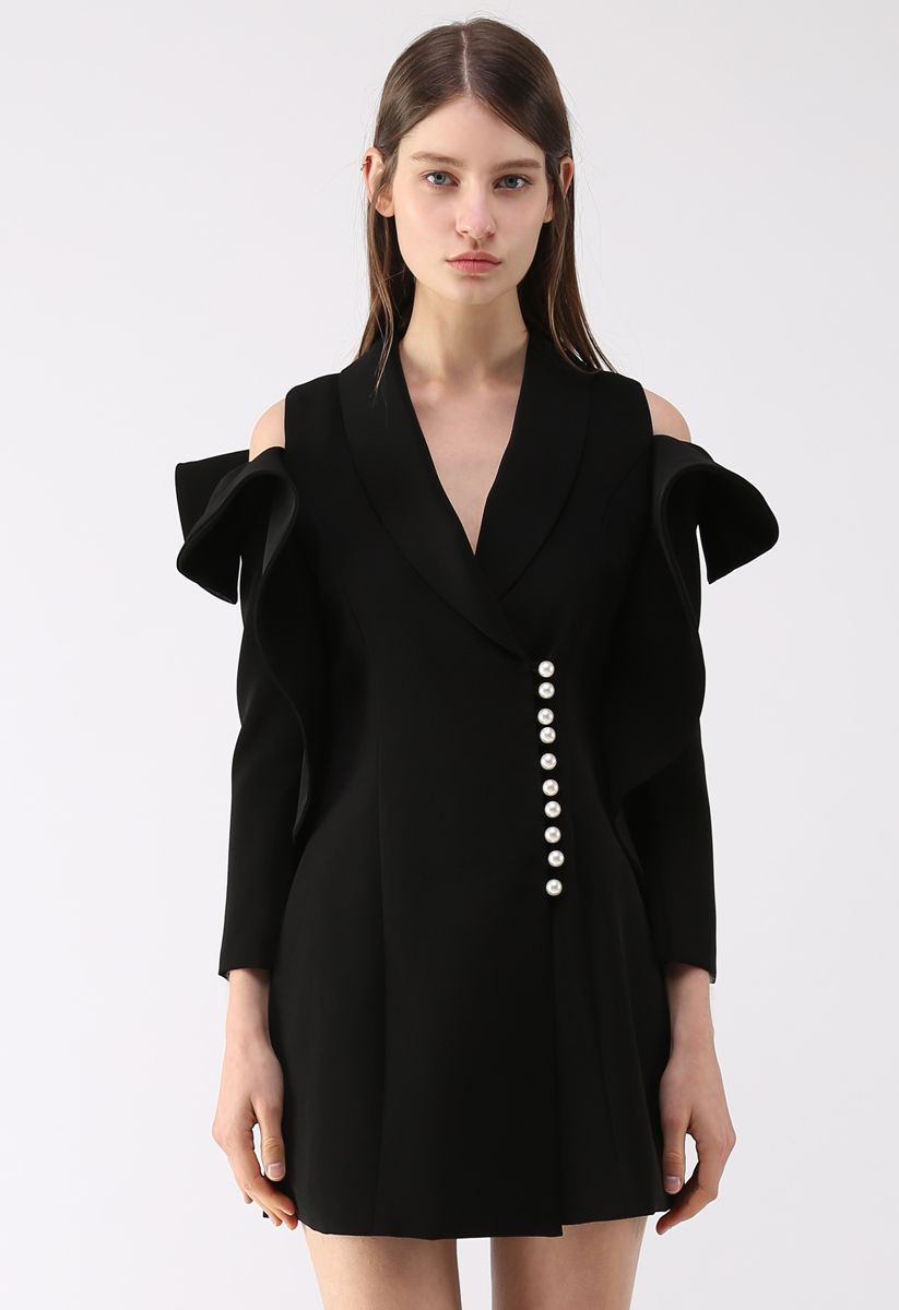Shining Pearls V-Neck Cold-Shoulder Coat Dress in Black - Retro, Indie ...