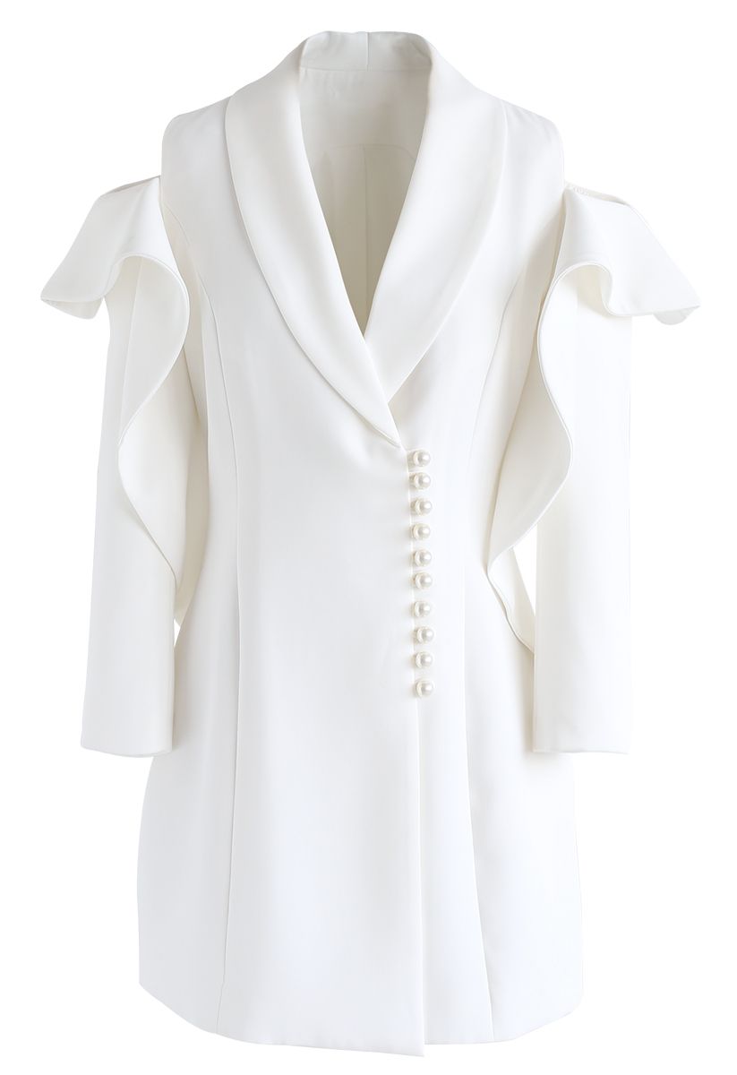 Shining Pearls V-Neck Cold-Shoulder Coat Dress in White
