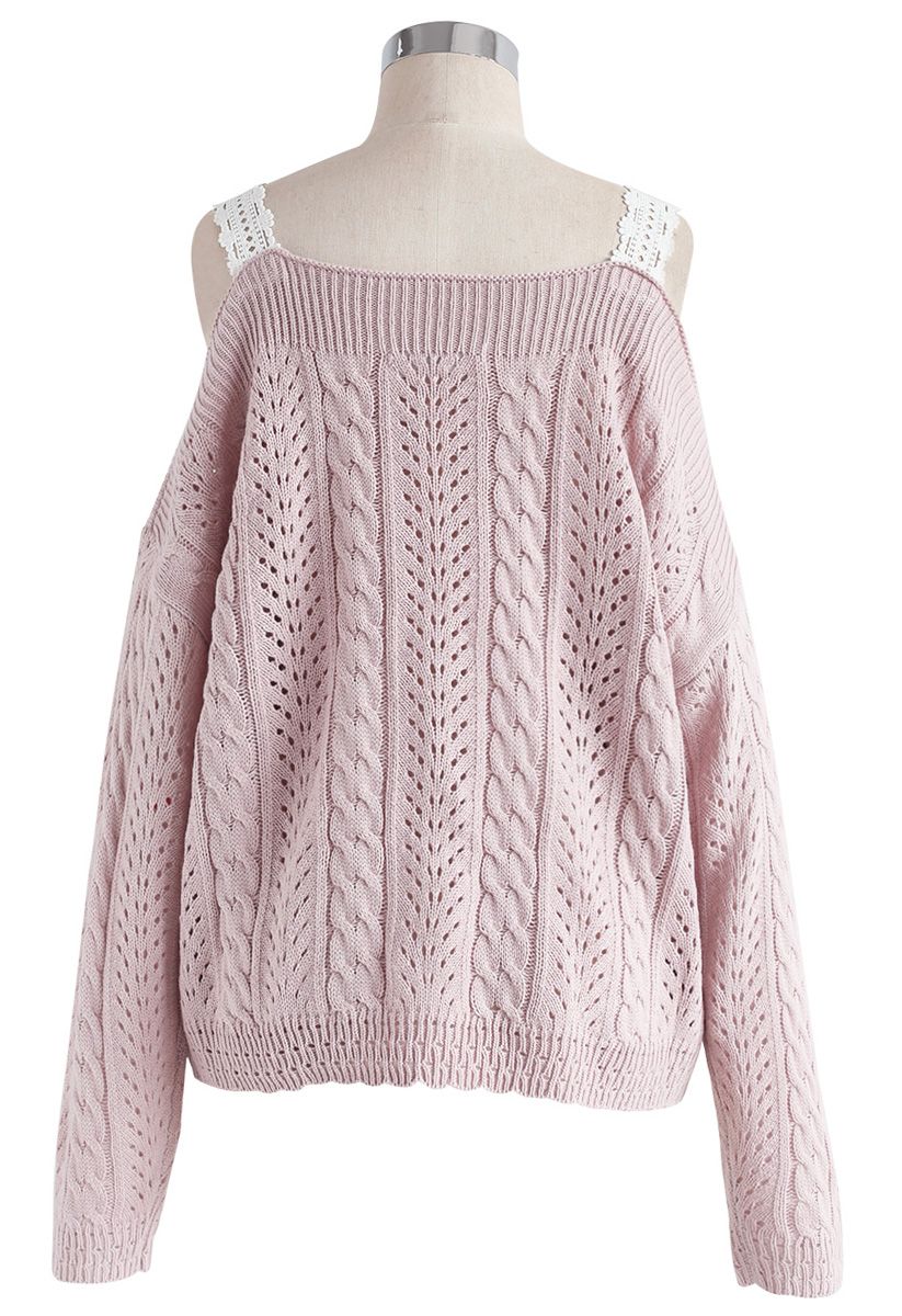 Lovable Ingenuity Cold-Shoulder Cable Knit Sweater in Pink